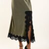 GONNA MIDI CON INSERTO IN PIZZO - Verde khaki, TU