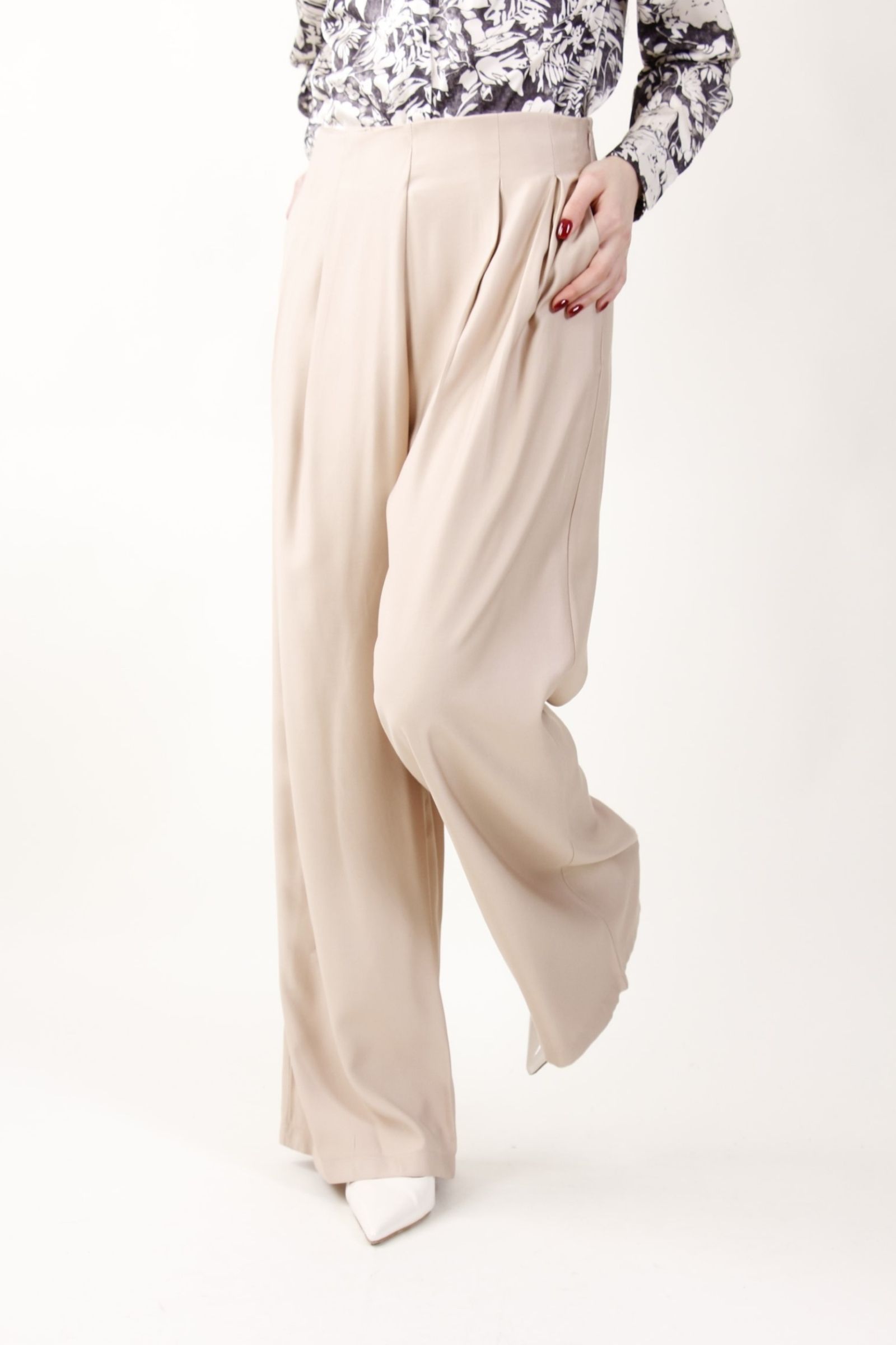 PK0992-90_BEIGE PANTALONI A PALAZZO CON PINCES - Beige, M