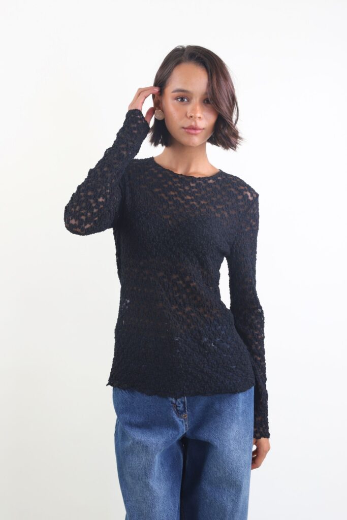 MAGLIA A MANICHE LUNGHE IN PIZZO - Nero, TU 
