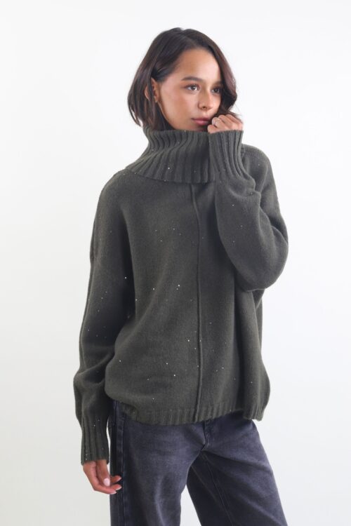 MAGLIONE CON COLLO ALTO A COSTE CON MICRO PAILLETTES