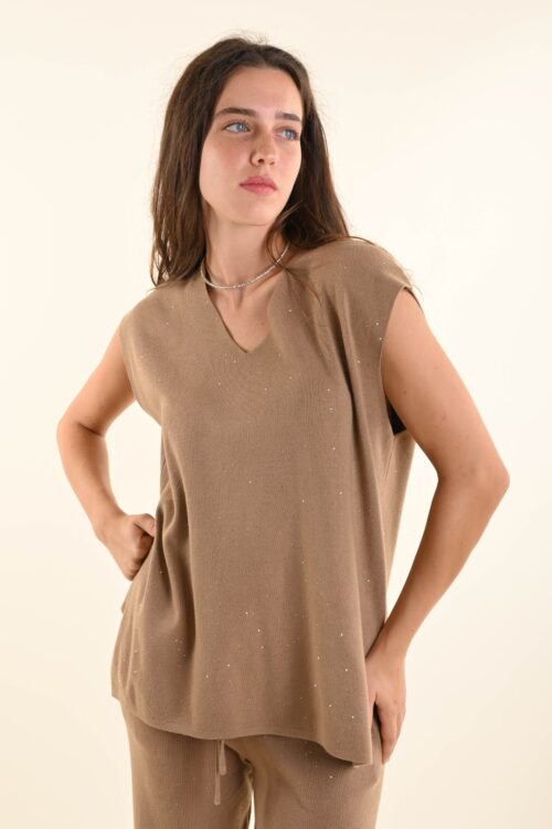 MAGLIA SENZA MANICHE CON SCOLLO A V E MICROPAILLETTER