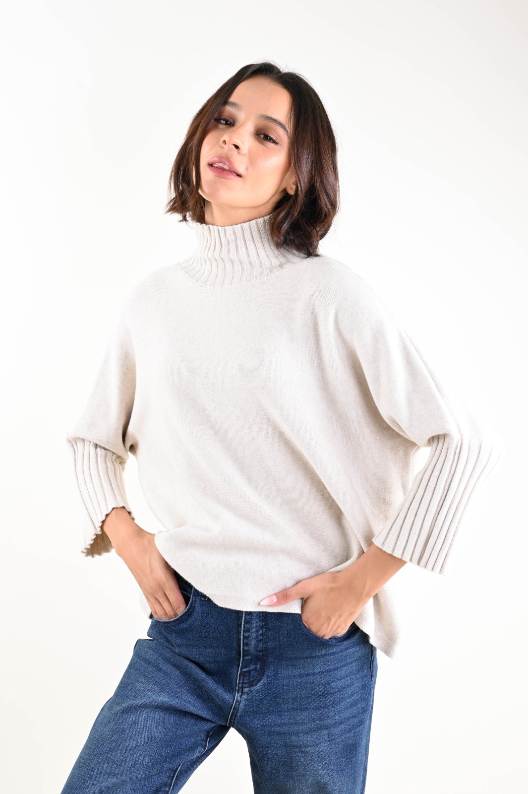 AL30706-90_BEIGE MAGLIA A COLLO ALTO CON MANICHE A 3/4 A COSTINE - Beige, TU