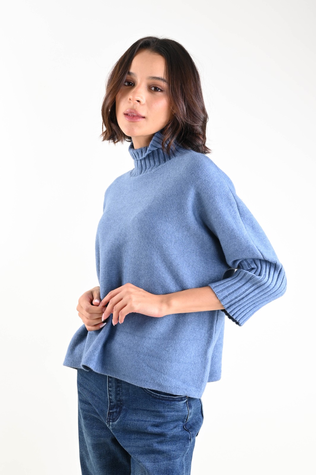 AL30706-90_BLU-JEANS MAGLIA A COLLO ALTO CON MANICHE A 3/4 A COSTINE - Blu-jeans, TU