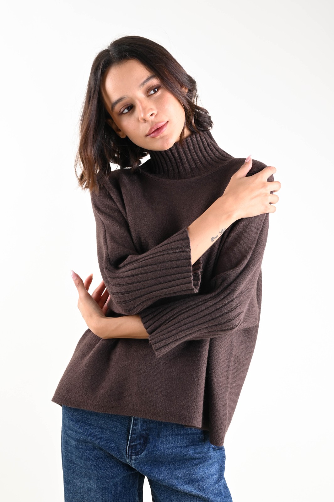 AL30706-90_MORO MAGLIA A COLLO ALTO CON MANICHE A 3/4 A COSTINE - Moro, TU