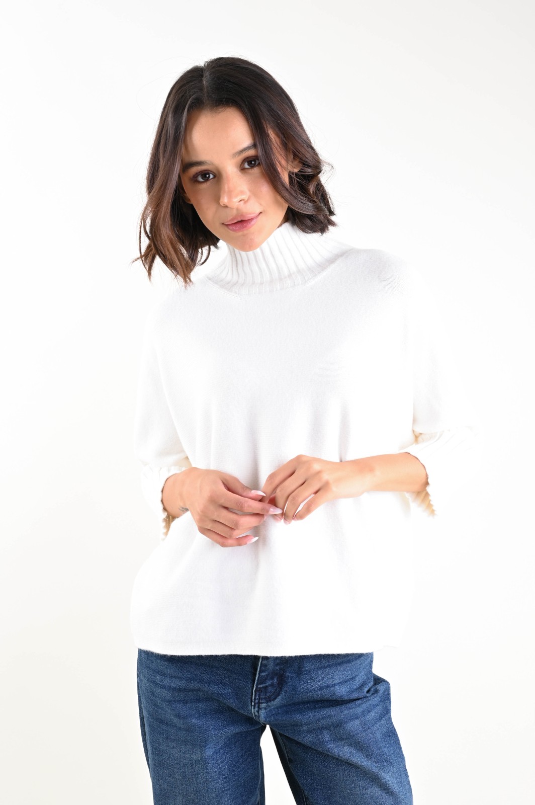 AL30706-90_PANNA MAGLIA A COLLO ALTO CON MANICHE A 3/4 A COSTINE - Panna, TU