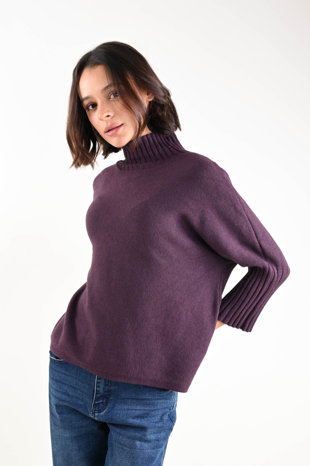 AL30706-90_UVA MAGLIA A COLLO ALTO CON MANICHE A 3/4 A COSTINE - Uva, TU
