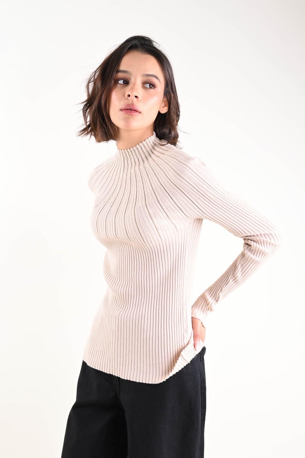 DSC_2134 MAGLIA CON COLLO ALTO E TRASPARENZE - Beige, TU