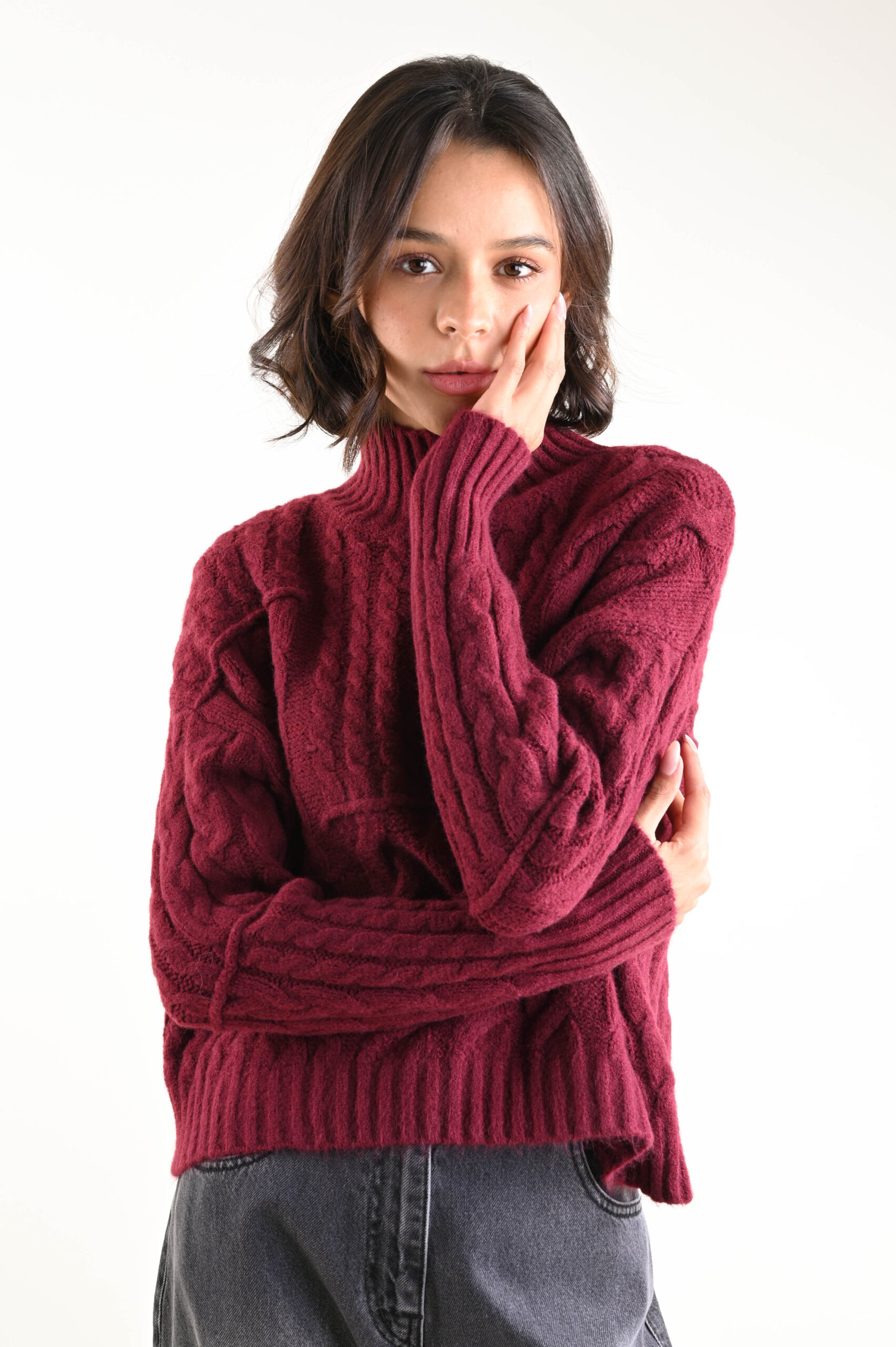 DSC_3320 MAGLIA CON LAVORAZIONE A TRECCE - Bordeaux, TU