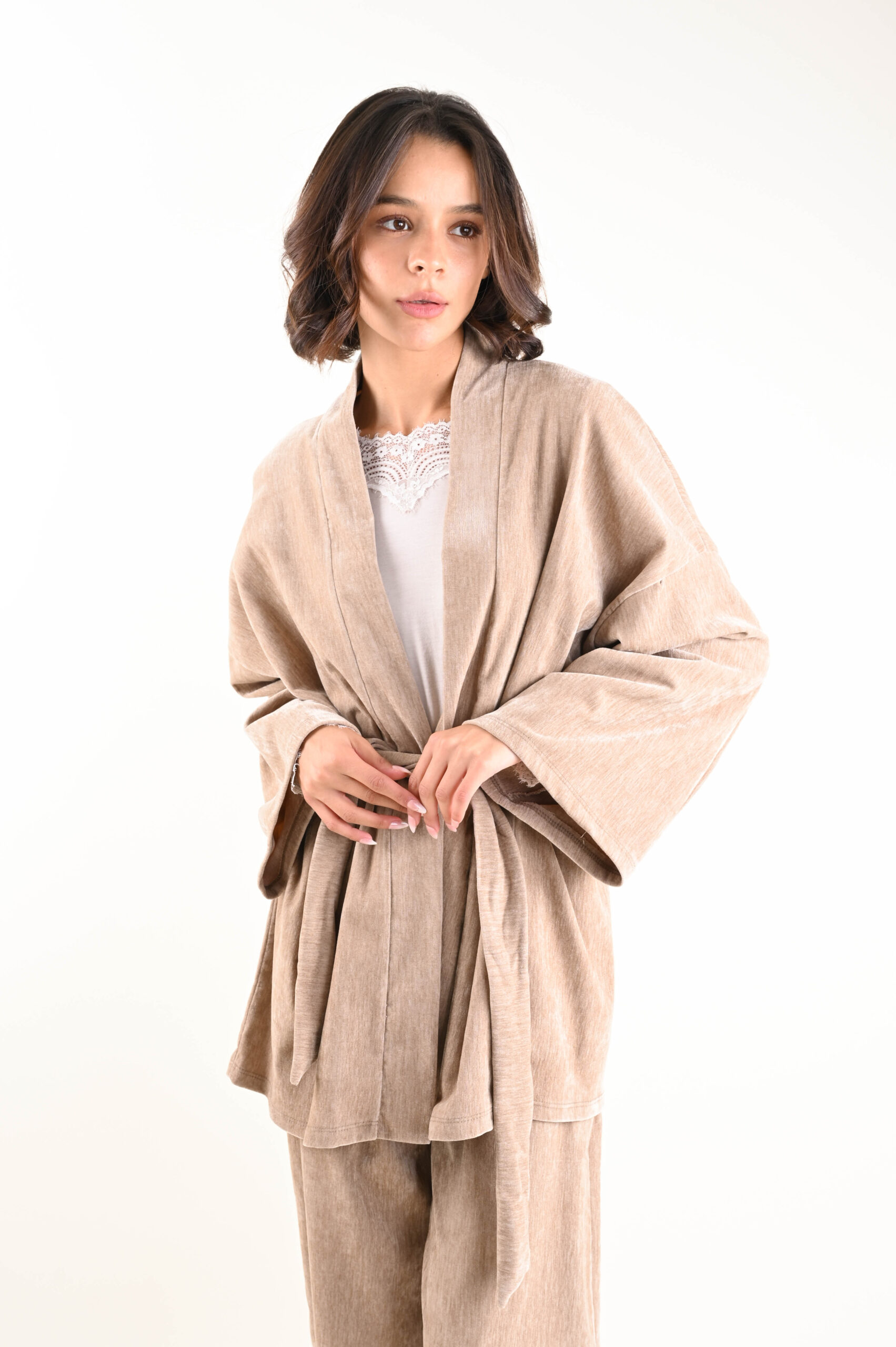 ESGC207-90_BEIGE KIMONO IN CINIGLIA CON CINTURA - Beige, TU
