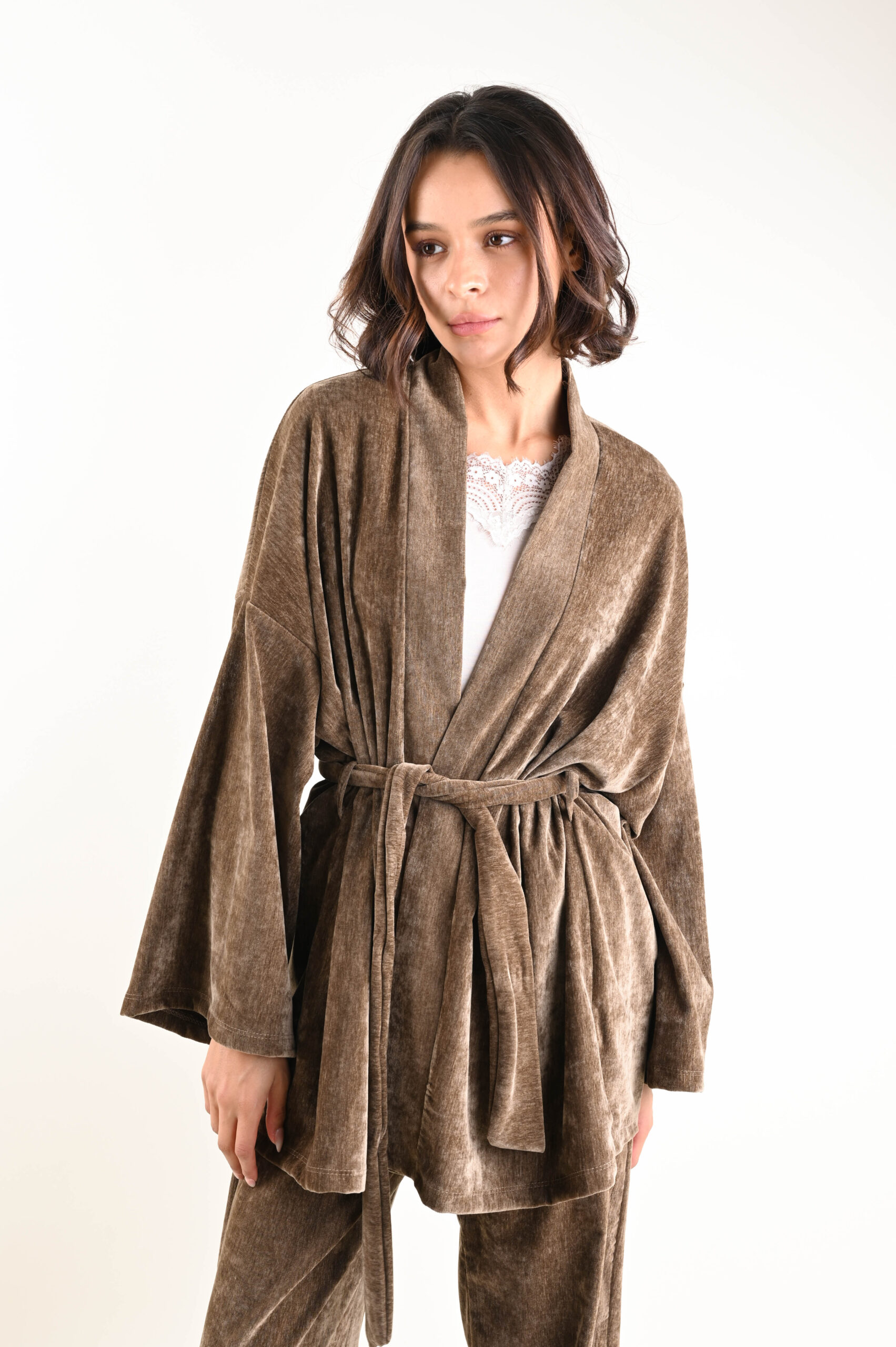 ESGC207-90_VERDE-KHAKI KIMONO IN CINIGLIA CON CINTURA - Verde khaki, TU