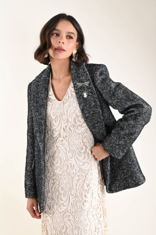 BLAZER TESSUTO A SPINA DI PESCE CON SPILLA