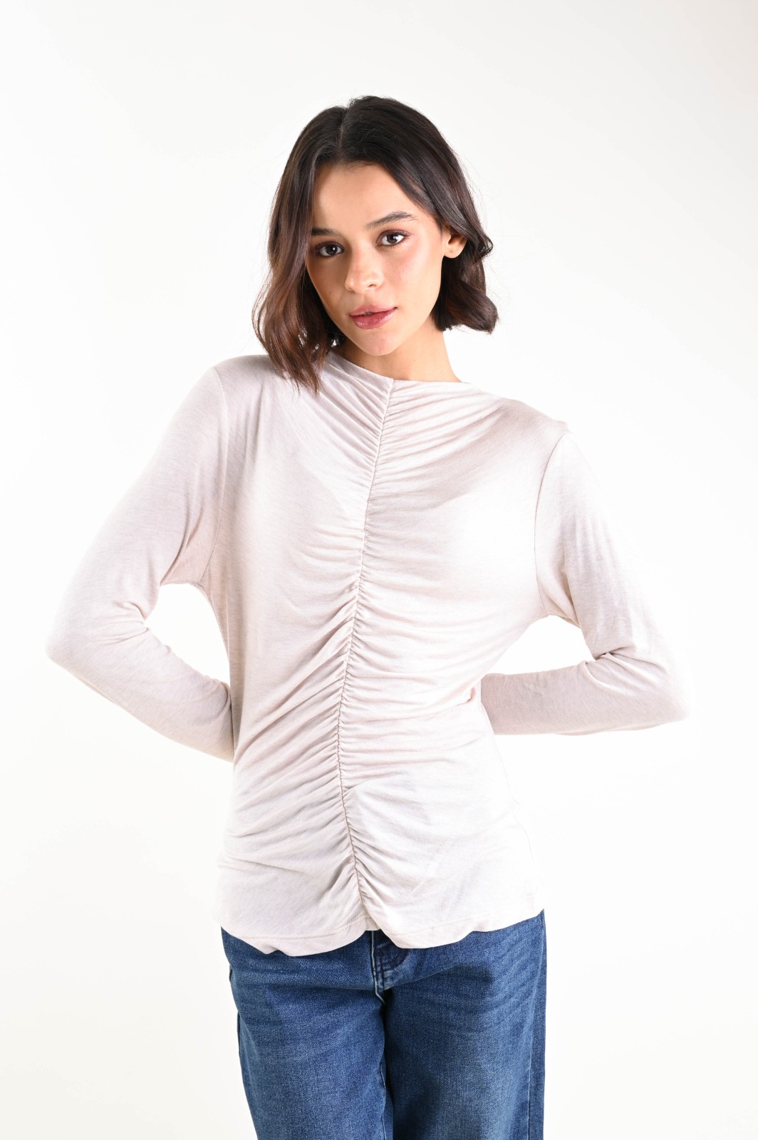 ESML428-90_CREMA MAGLIA ULTRALIGHT IN MISTO LANA RIPRESA DAVANTI - Crema, TU
