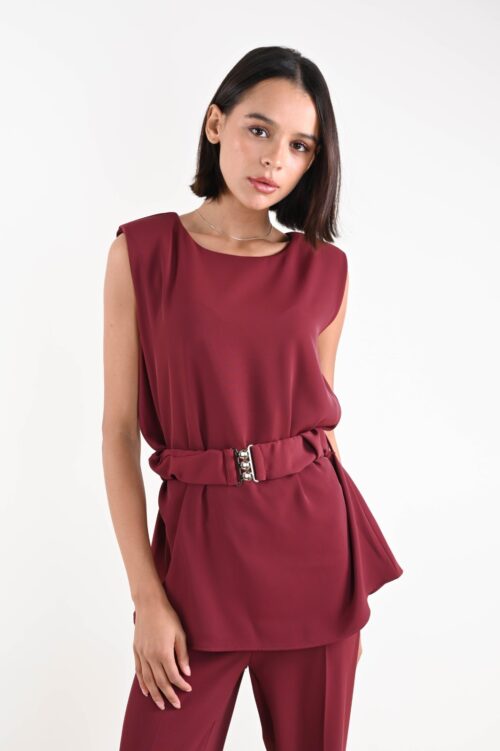 TOP SENZA MANICHE IN TESSUTO FLUIDO CON CINTURA IN VITA