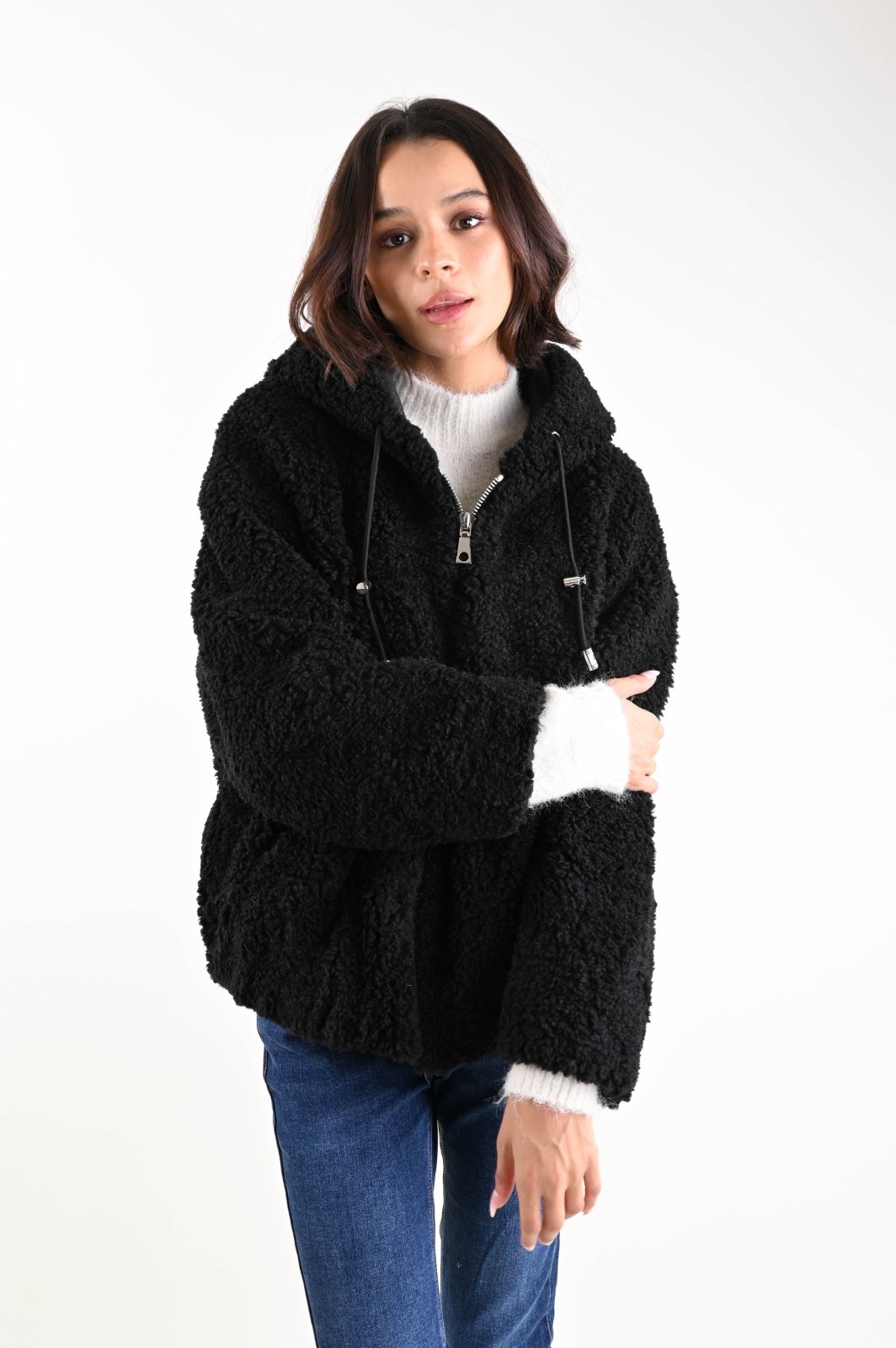 M25023-90_NERO GIUBBINO TEDDY CON CAPPUCCIO IN MISTO LANA - Nero, TU