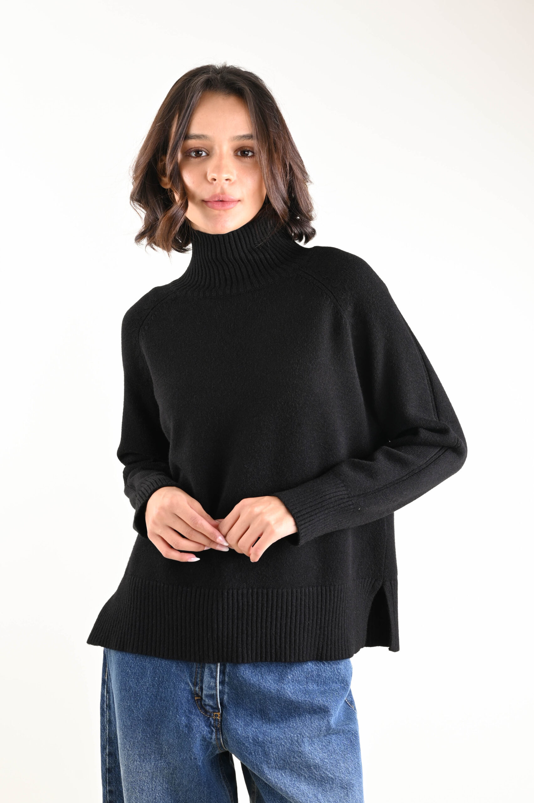 M9494-90_NERO MAGLIA CON COLLO ALTO A COSTE - Schwarz, TU