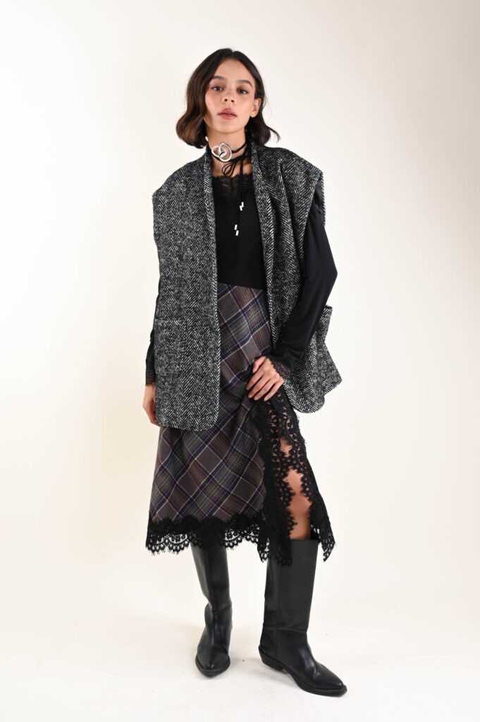 GONNA IN TESSUTO TARTAN CON INSERTO IN PIZZO 