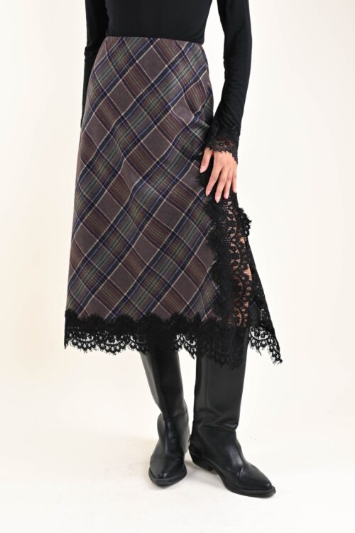 Alternative view of GONNA IN TESSUTO TARTAN CON INSERTO IN PIZZO