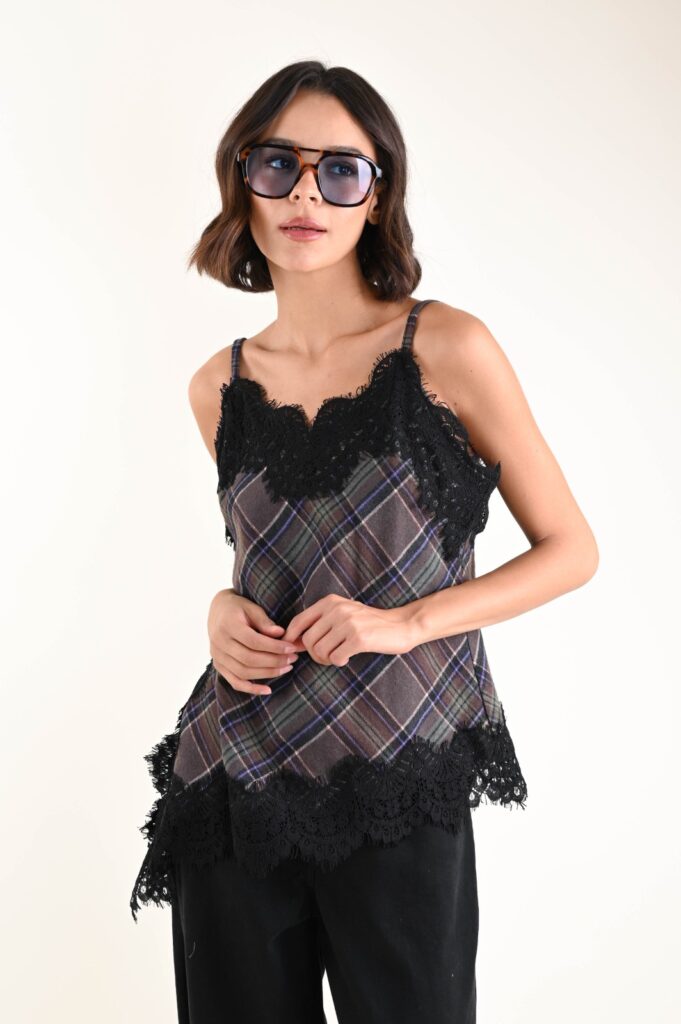 TOP IN TESSUTO TARTAN CON INSERTO IN PIZZO 
