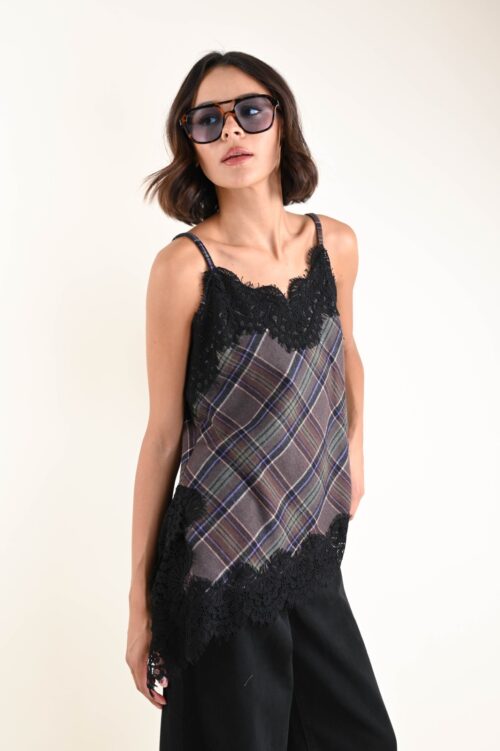 Alternative view of TOP IN TESSUTO TARTAN CON INSERTO IN PIZZO