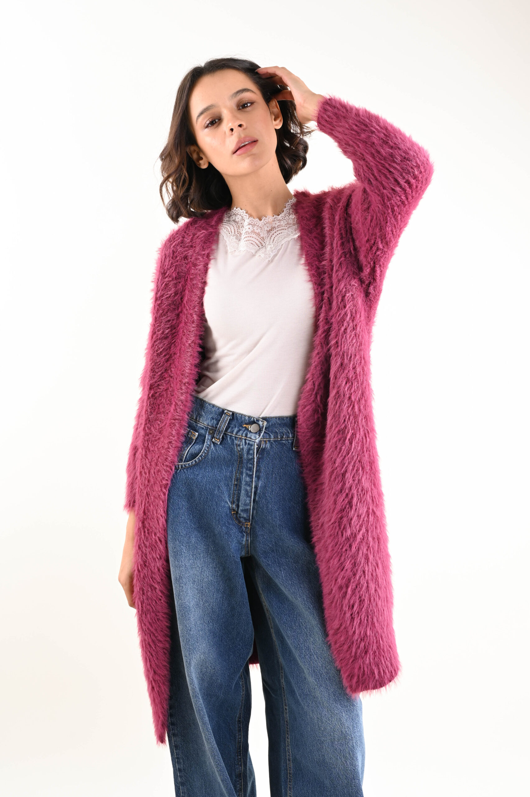 U101201-90_BORDEAUX CARDIGAN LUNGO MORBIDO A PELO LUNGO - Bordeaux, TU