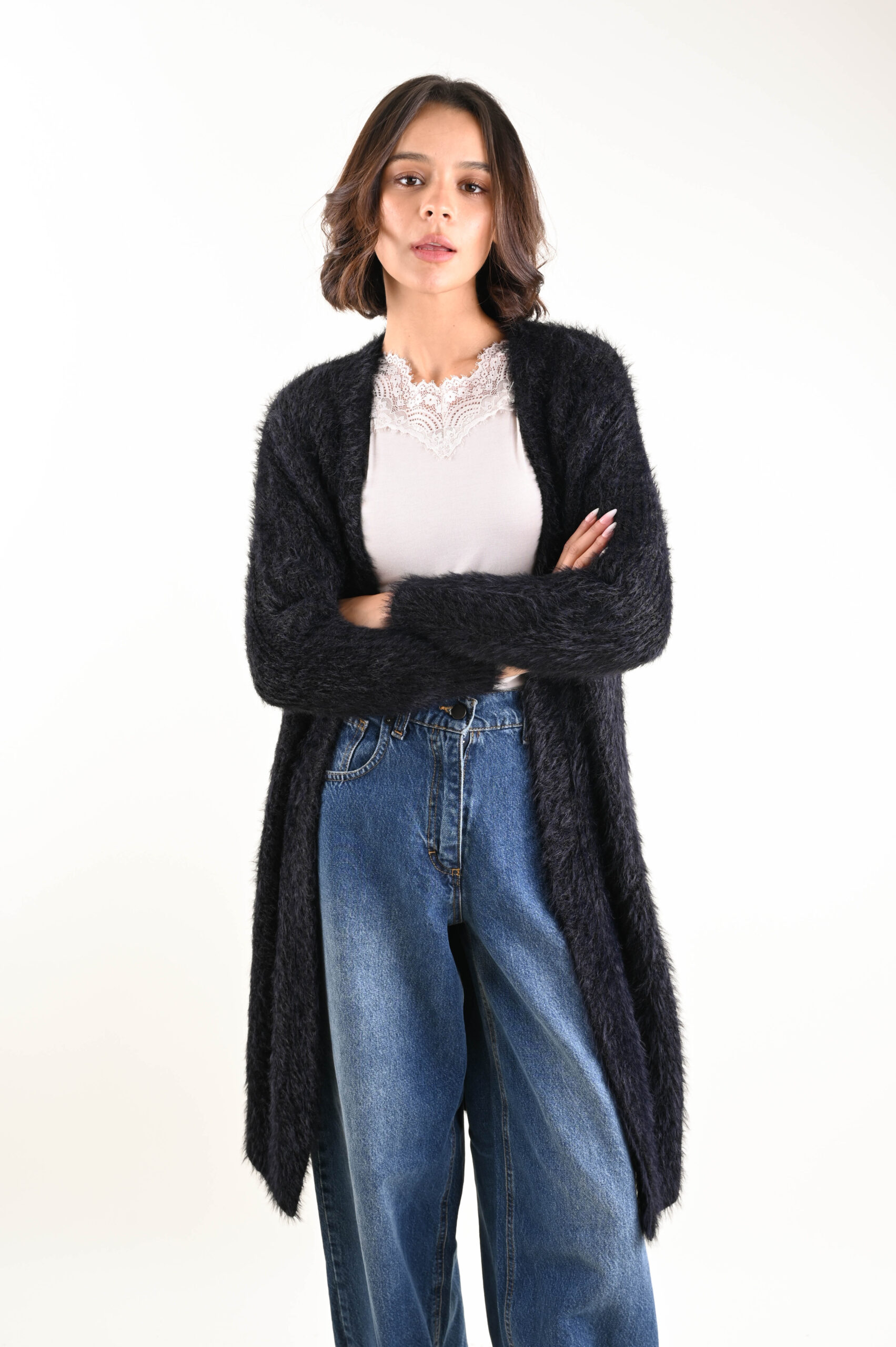 U101201-90_NERO CARDIGAN LUNGO MORBIDO A PELO LUNGO - Nero, TU