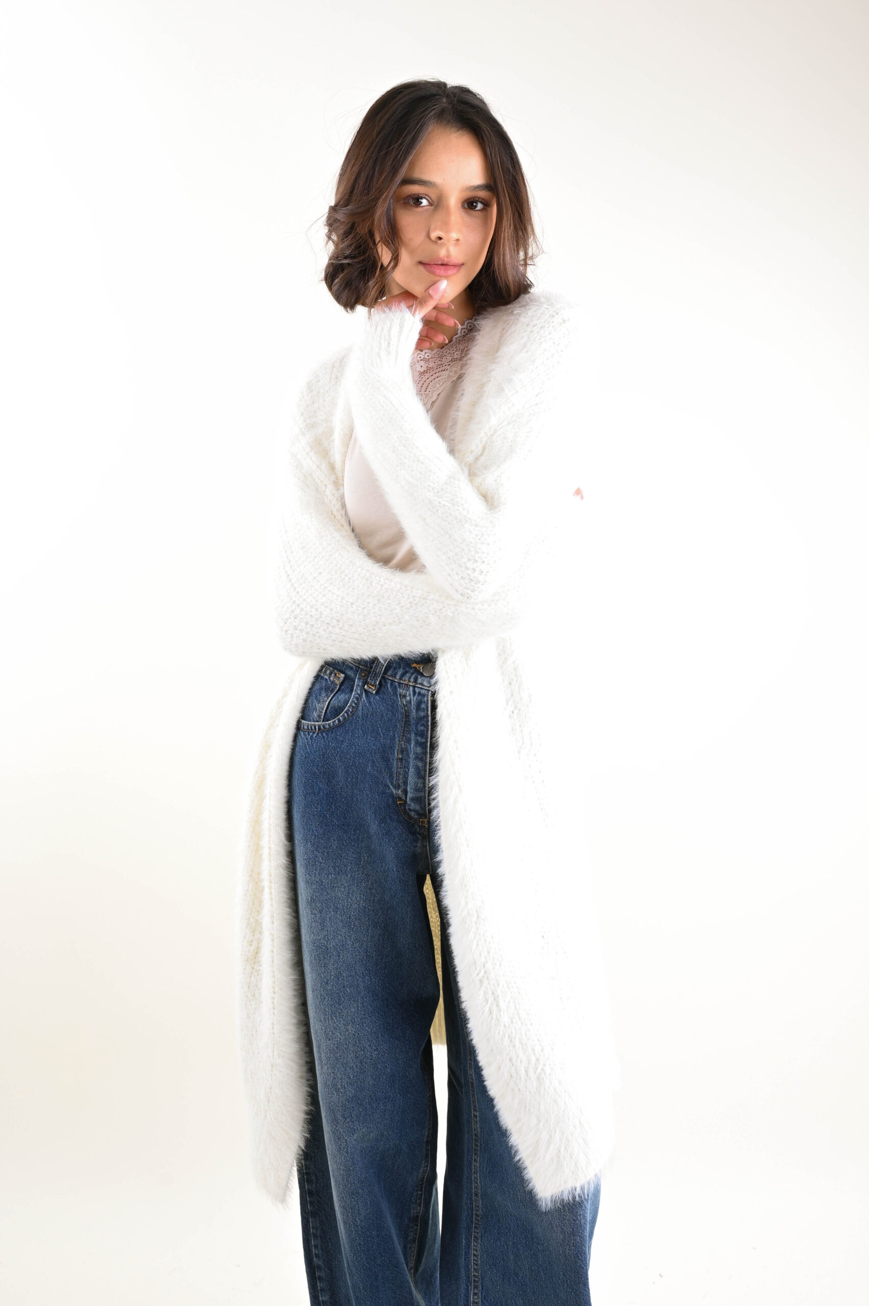 U101201-90_PANNA CARDIGAN LUNGO MORBIDO A PELO LUNGO - Panna, TU