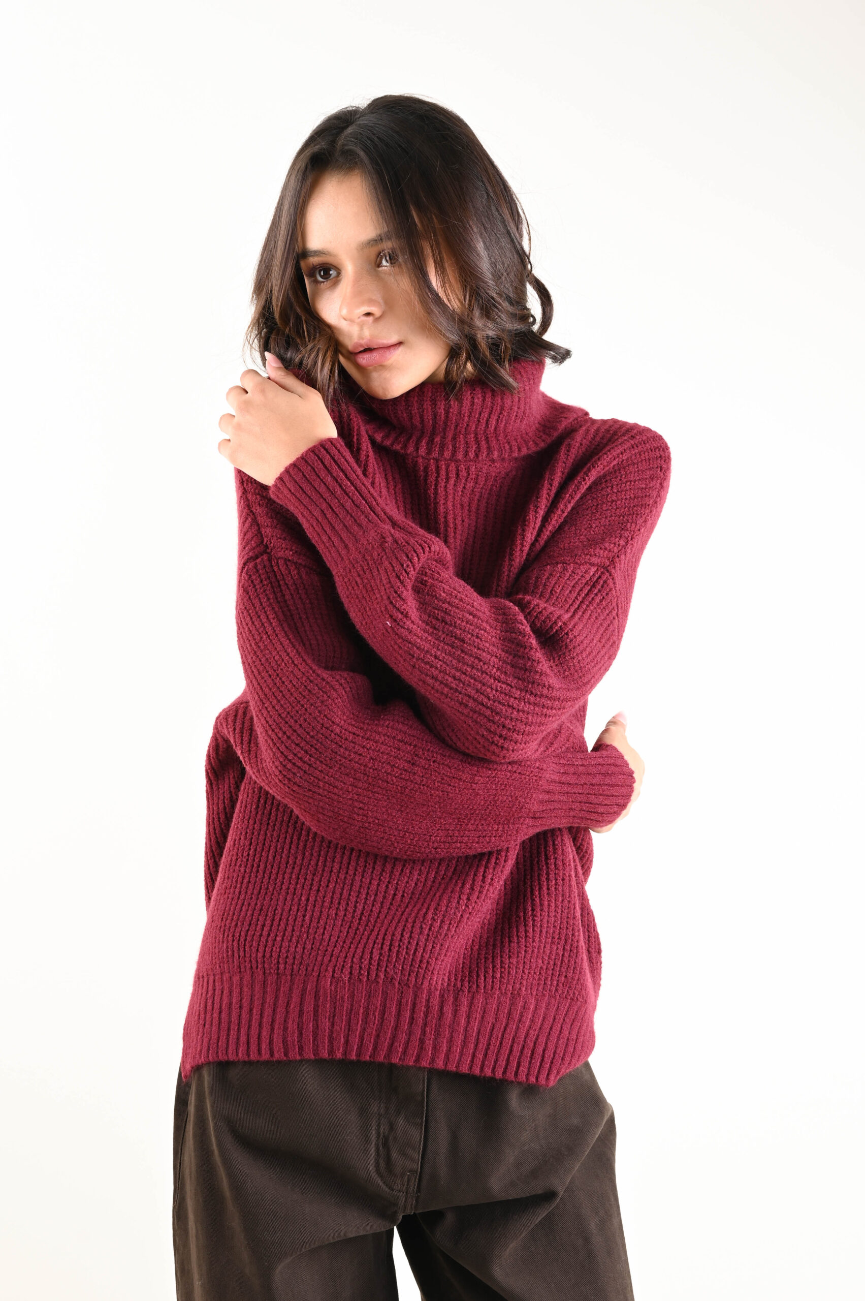 U403-90_BORDEAUX MAGLIA A COLLO MORBIDO IN MAGLIA GROSSA - Bordeaux, TU