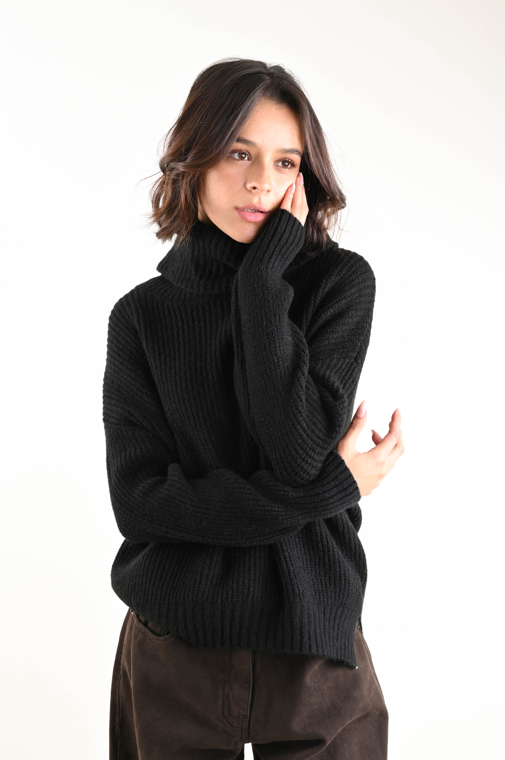 U403-90_NERO MAGLIA A COLLO MORBIDO IN MAGLIA GROSSA - Nero, TU