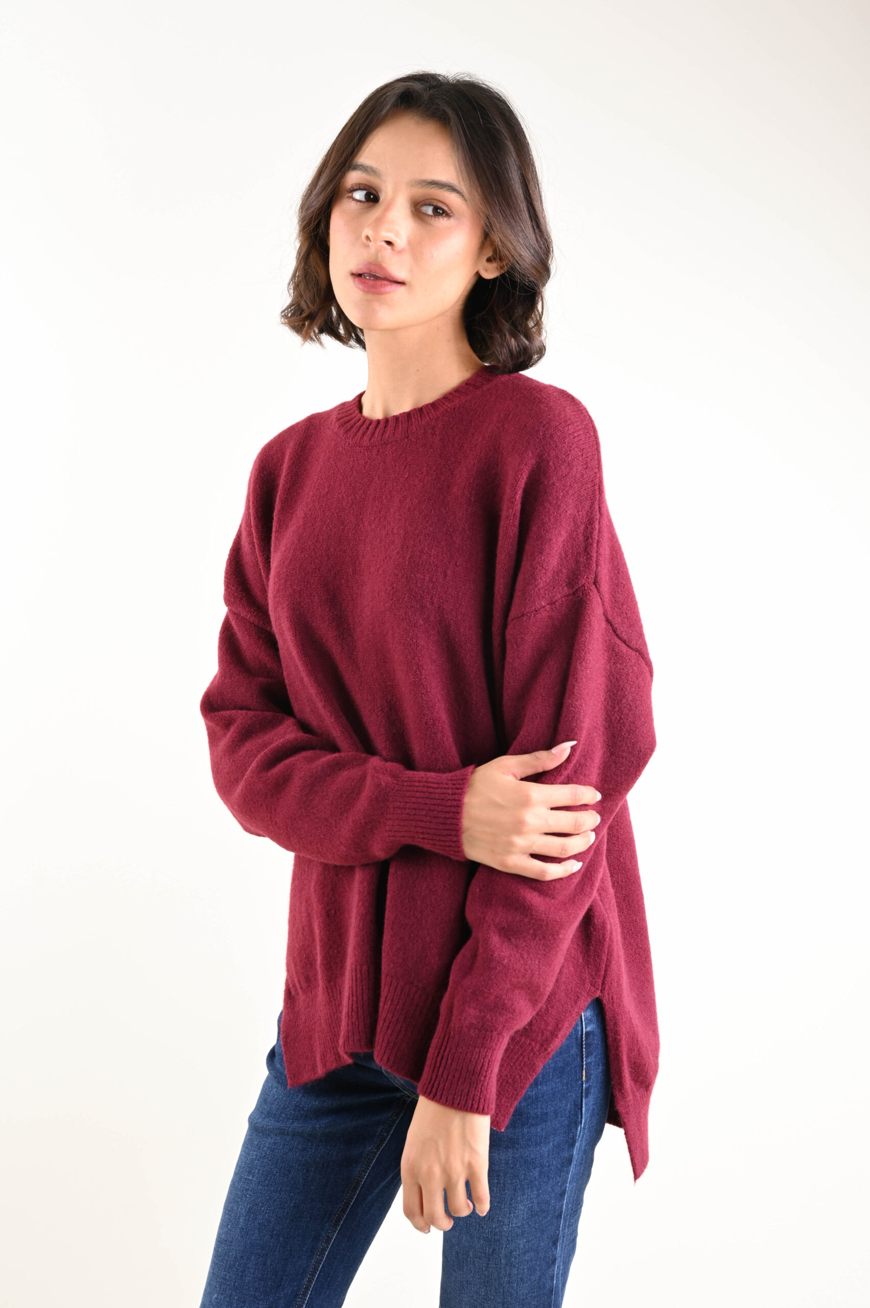 U404-90_BORDEAUX MAGLIONE GIROCOLLO OVERSIZE - Bordeaux, TU