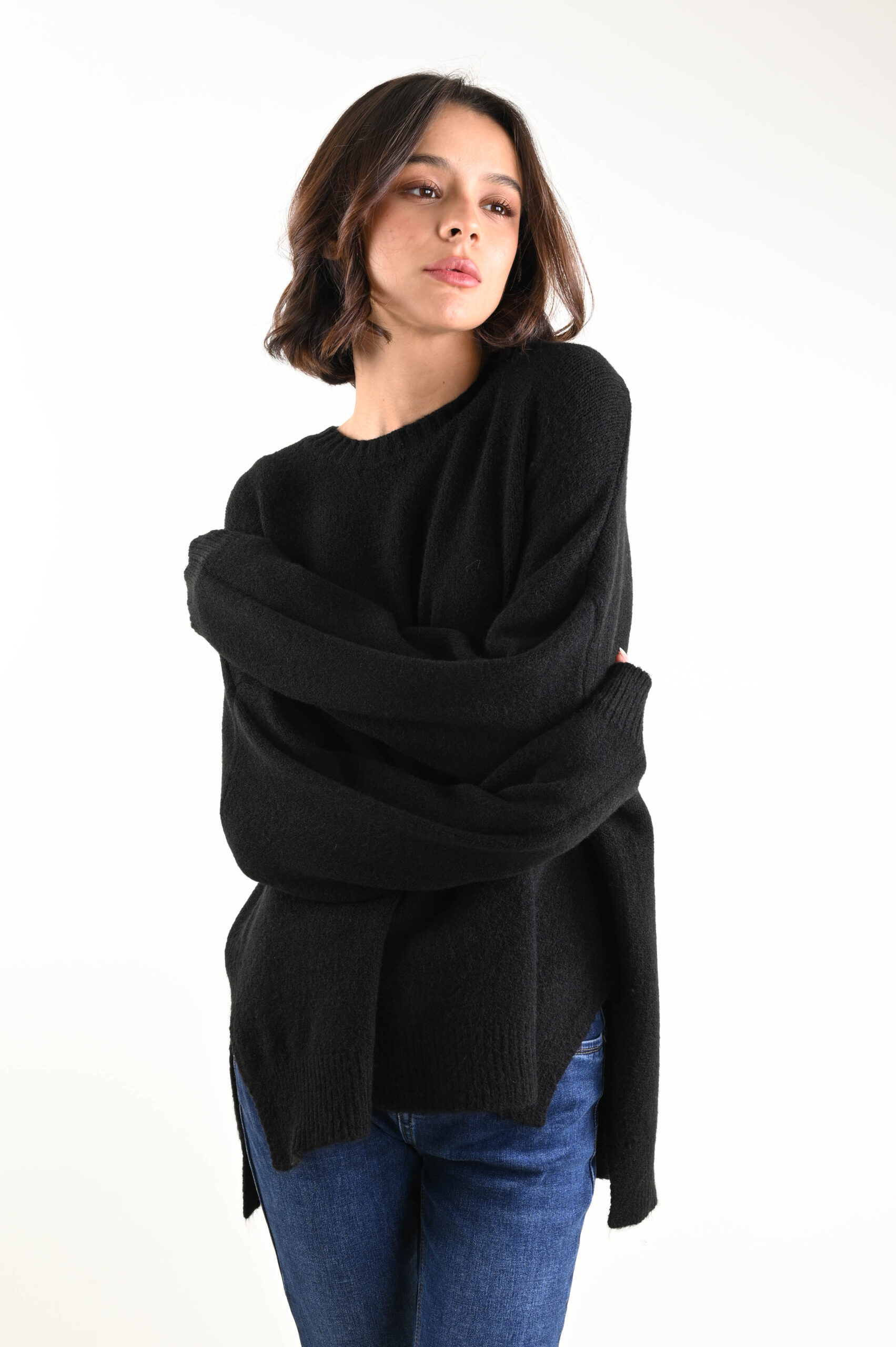 U404-90_NERO MAGLIONE GIROCOLLO OVERSIZE - Nero, TU