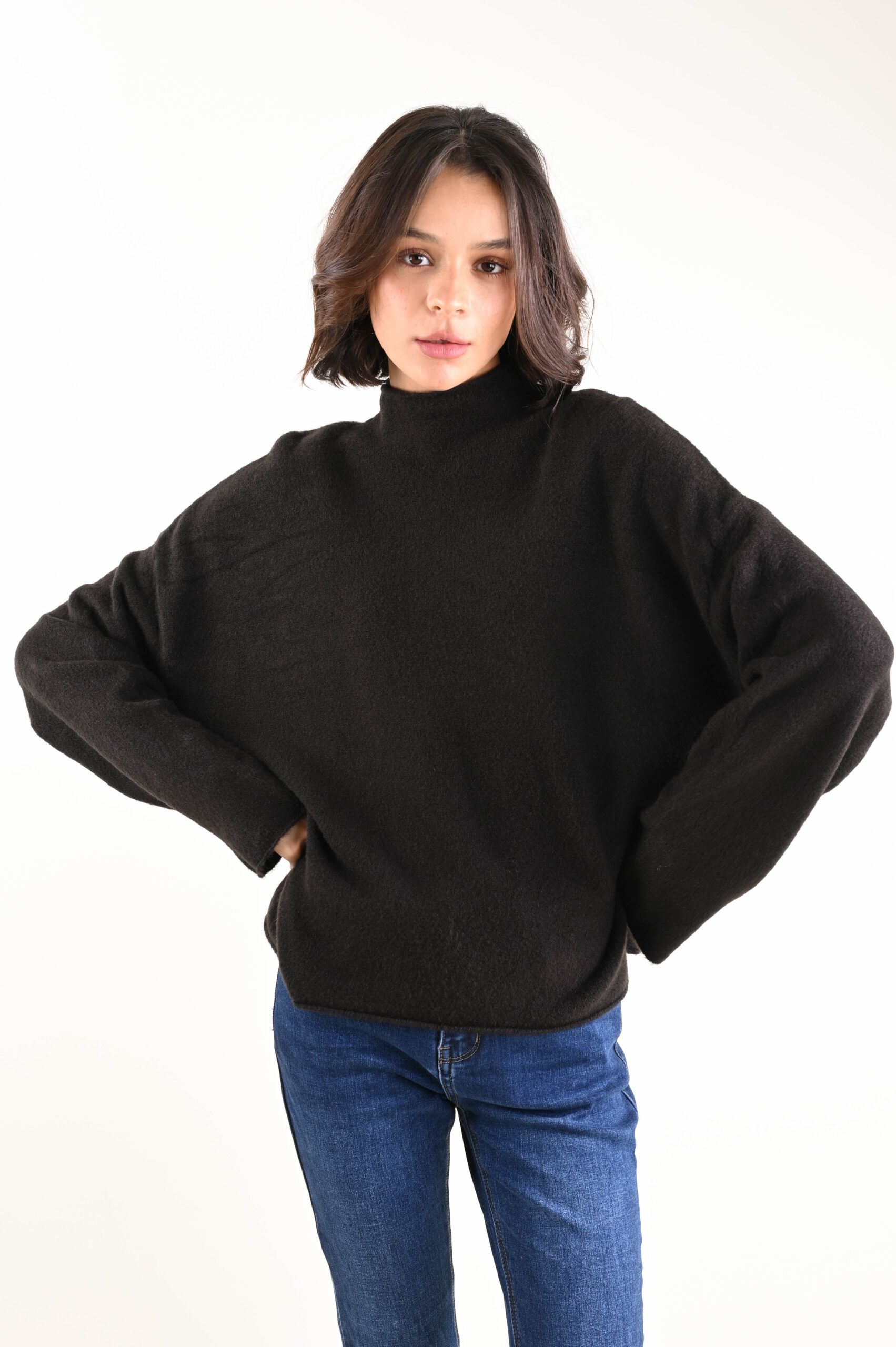 U579-90_NERO MAGLIA A COLLO ALTO MORBIDO - Nero, TU