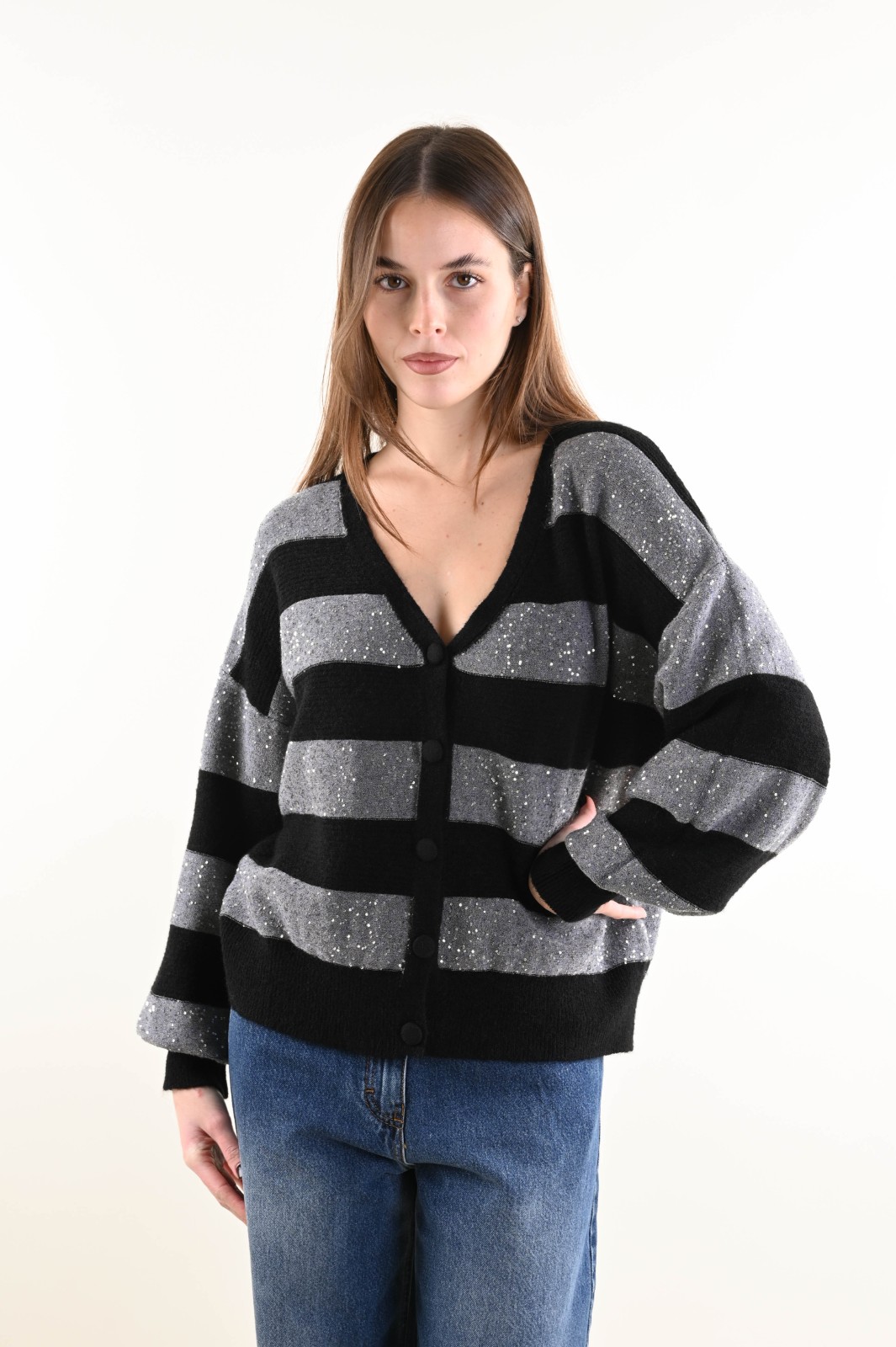 DSC_5406 CARDIGAN A RIGHE CON FILO LUMINOSO - Black, TU