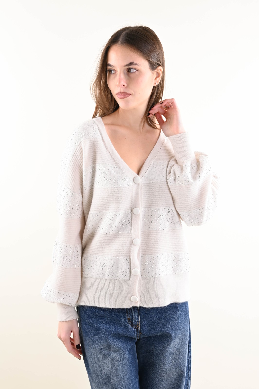 DSC_5415 CARDIGAN A RIGHE CON FILO LUMINOSO - Plaster, TU