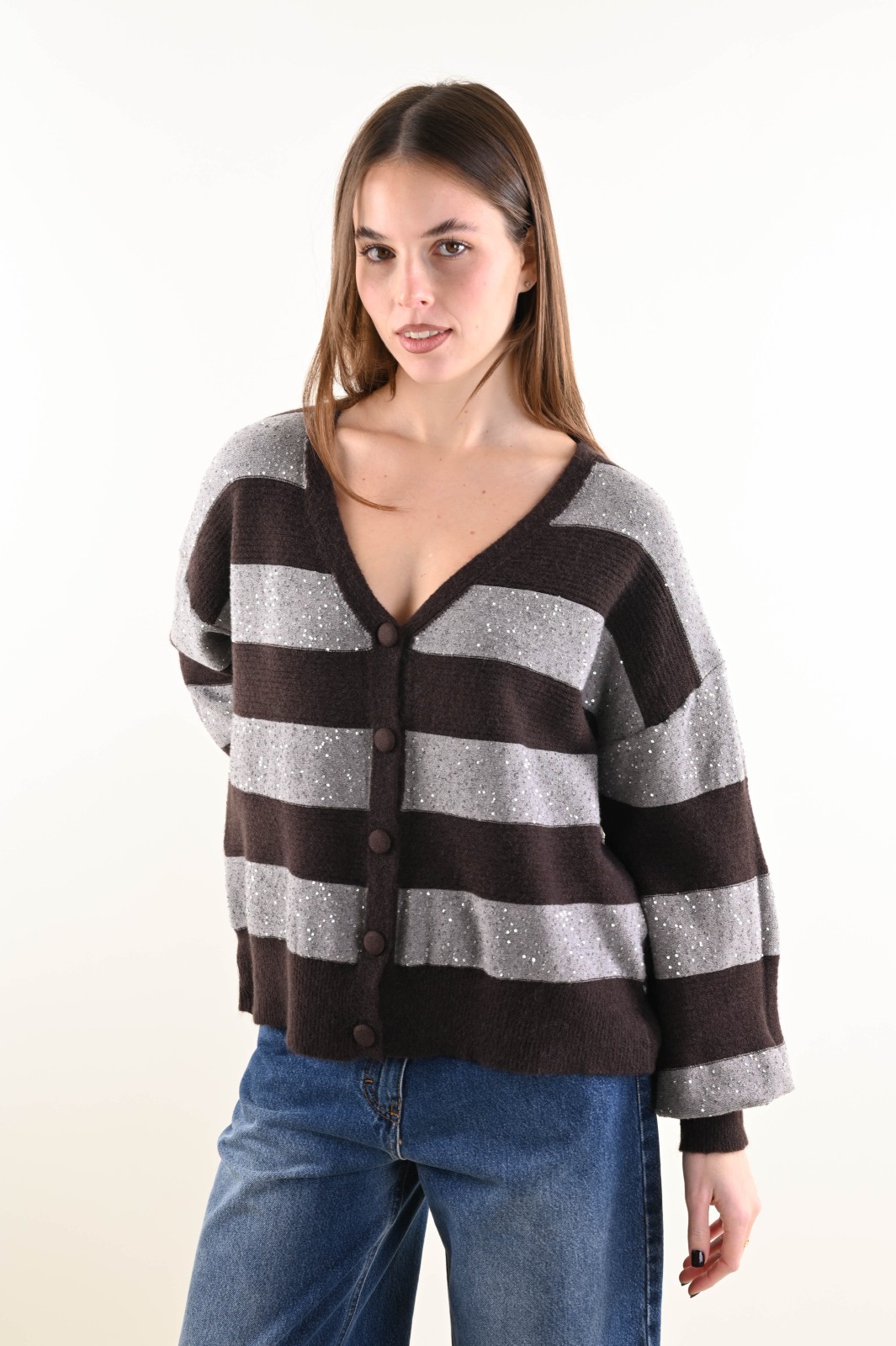 DSC_5423 CARDIGAN A RIGHE CON FILO LUMINOSO - Moor, TU