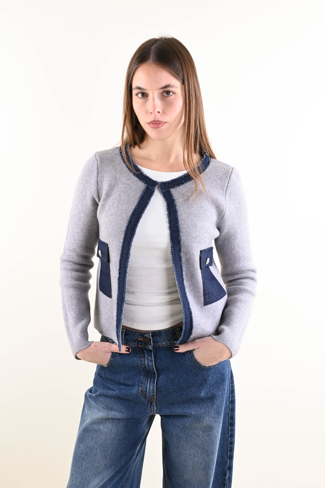 CARDIGAN DONNA STILE GIACCA CON DETTAGLI A CONTRASTO
