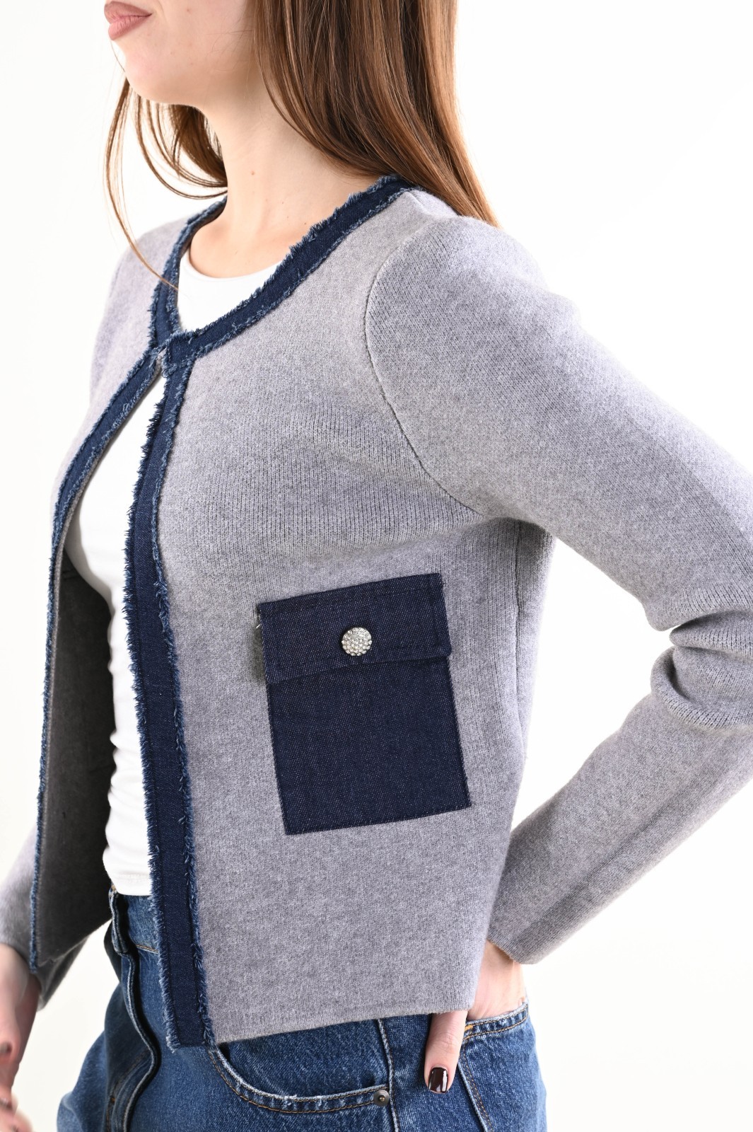 DSC_5665 CARDIGAN DONNA STILE GIACCA CON DETTAGLI A CONTRASTO - Grigio, TU