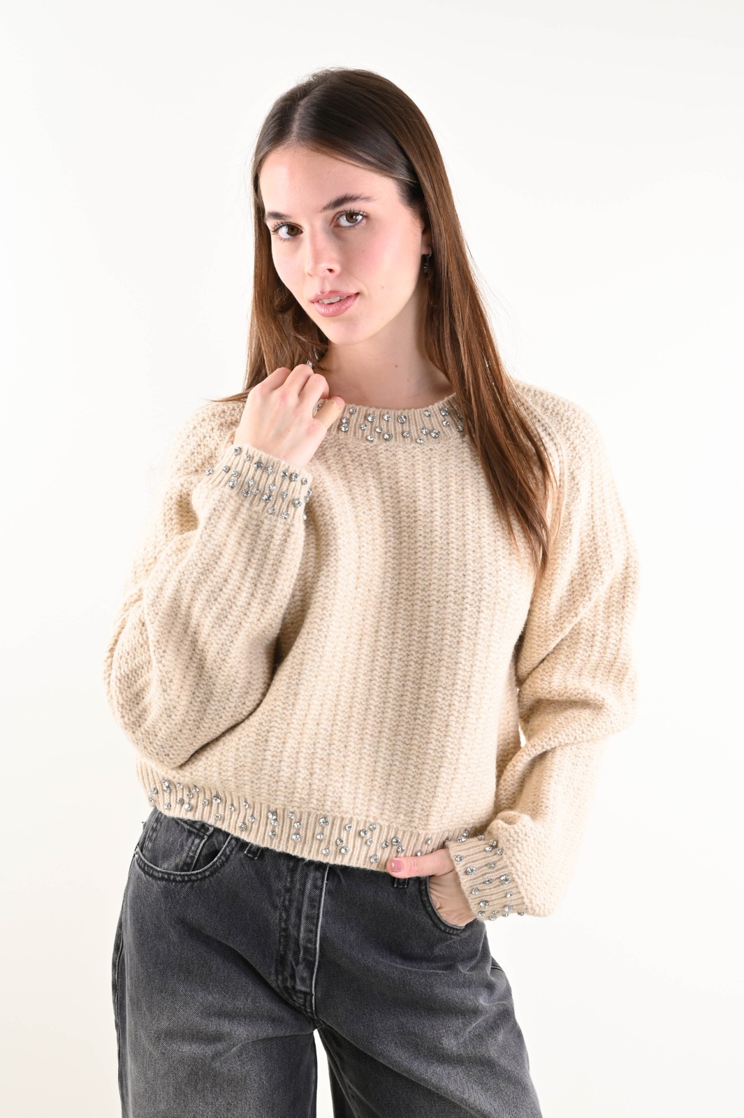 ML98054-90_BEIGE MAGLIA CON APPLICAZIONI DI STRASS - Beige, TU