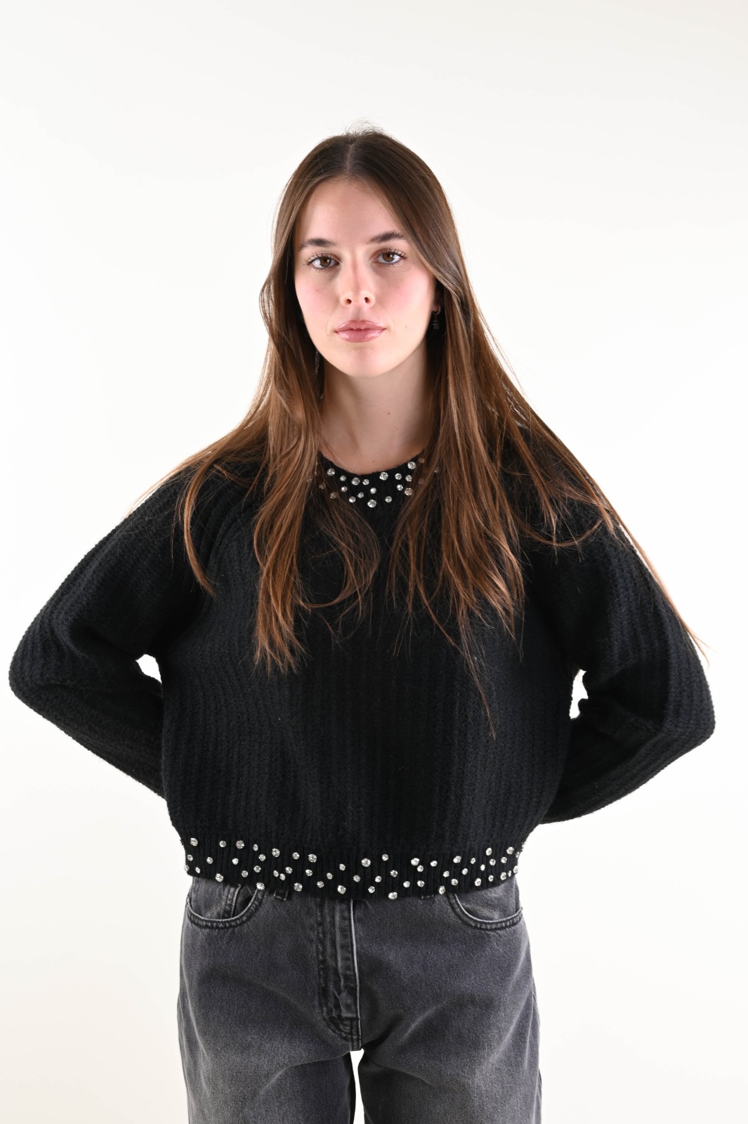 ML98054-90_NERO MAGLIA CON APPLICAZIONI DI STRASS - Negro, TU