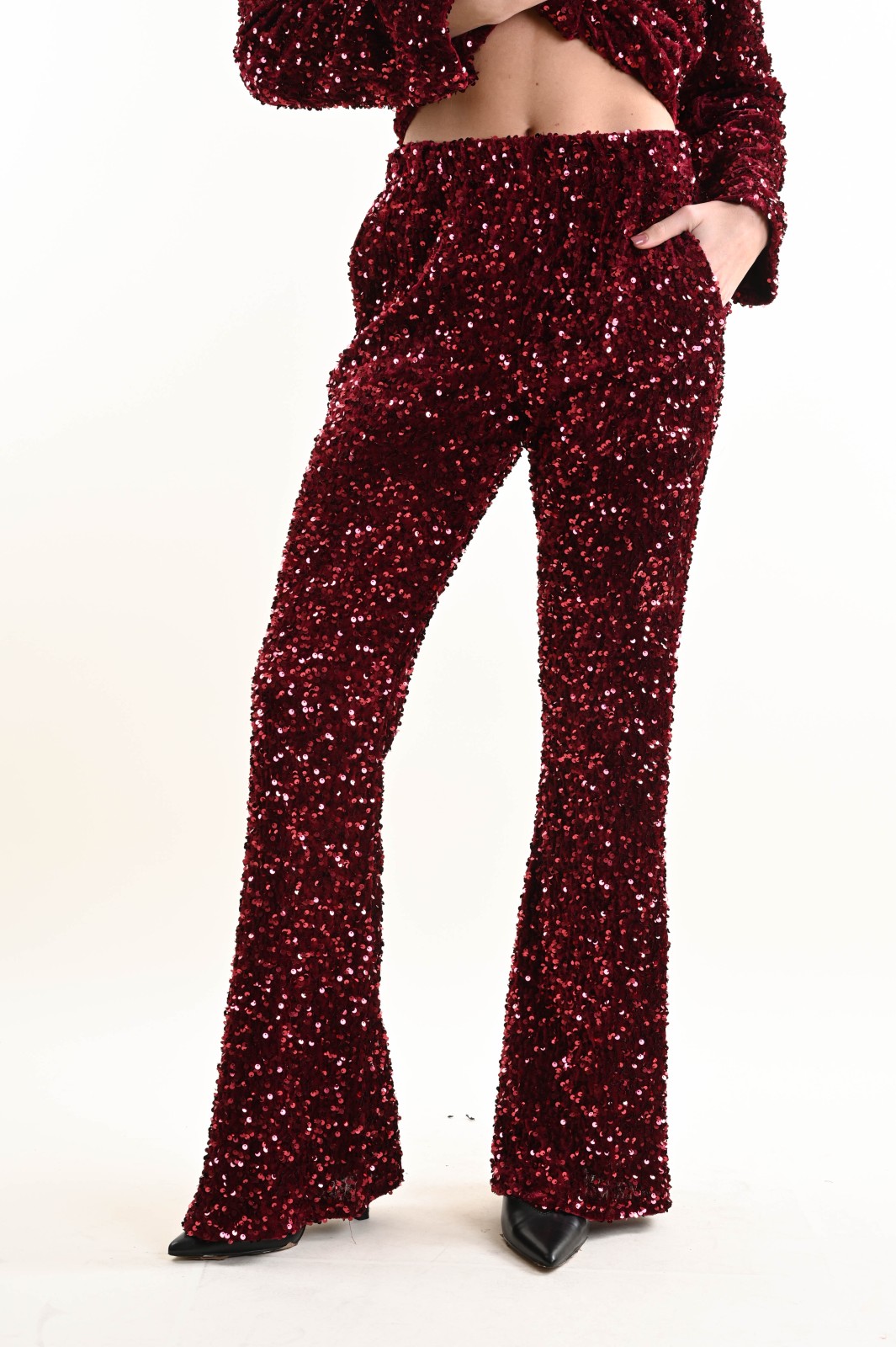 PP0052-90_BORDEAUX PANTALONI A ZAMPA CON PAILLETTES - Bordeaux, TU