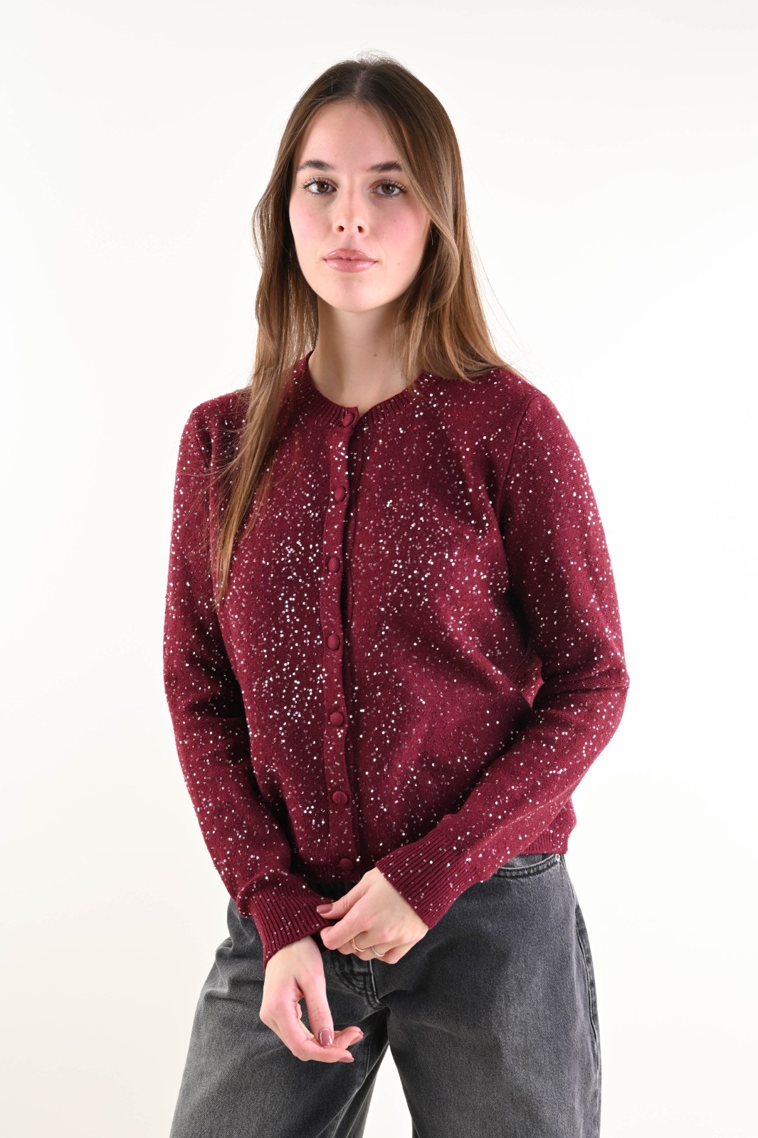 U552-90_BORDEAUX CARDIGAN IN MAGLIA CON PAILLETTES - Burdeos, TU