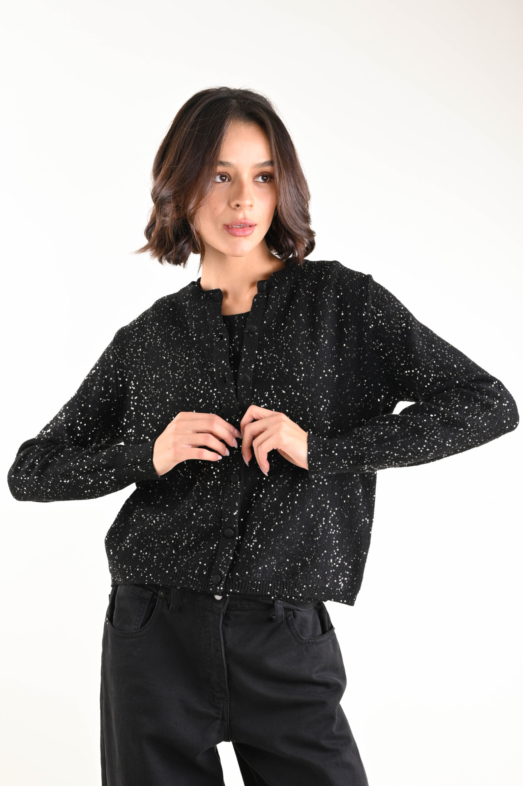 U552-90_NERO CARDIGAN IN MAGLIA CON PAILLETTES - Negro, TU