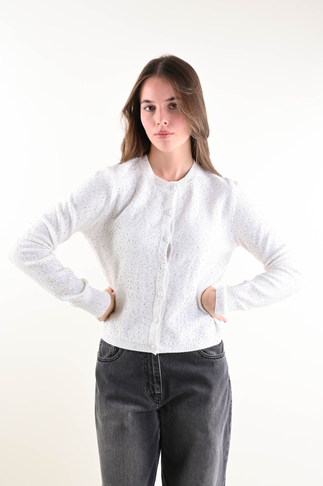 U552-90_PANNA CARDIGAN IN MAGLIA CON PAILLETTES - Crema, TU