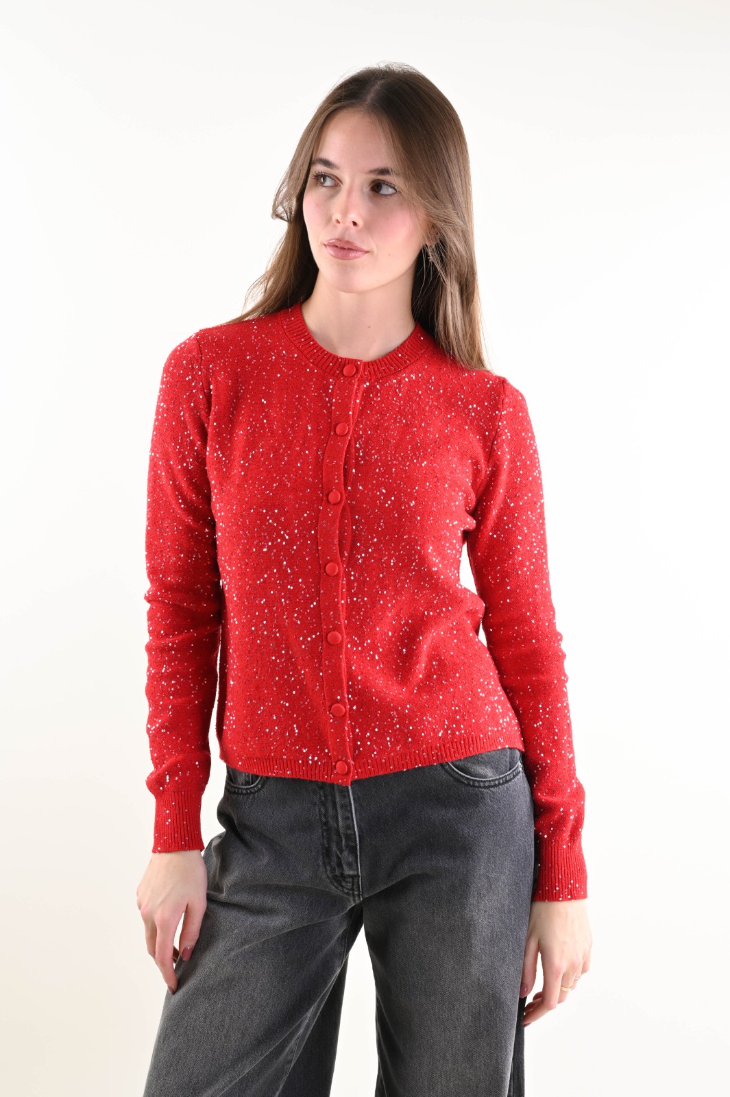 U552-90_ROSSO CARDIGAN IN MAGLIA CON PAILLETTES - Rojo, TU