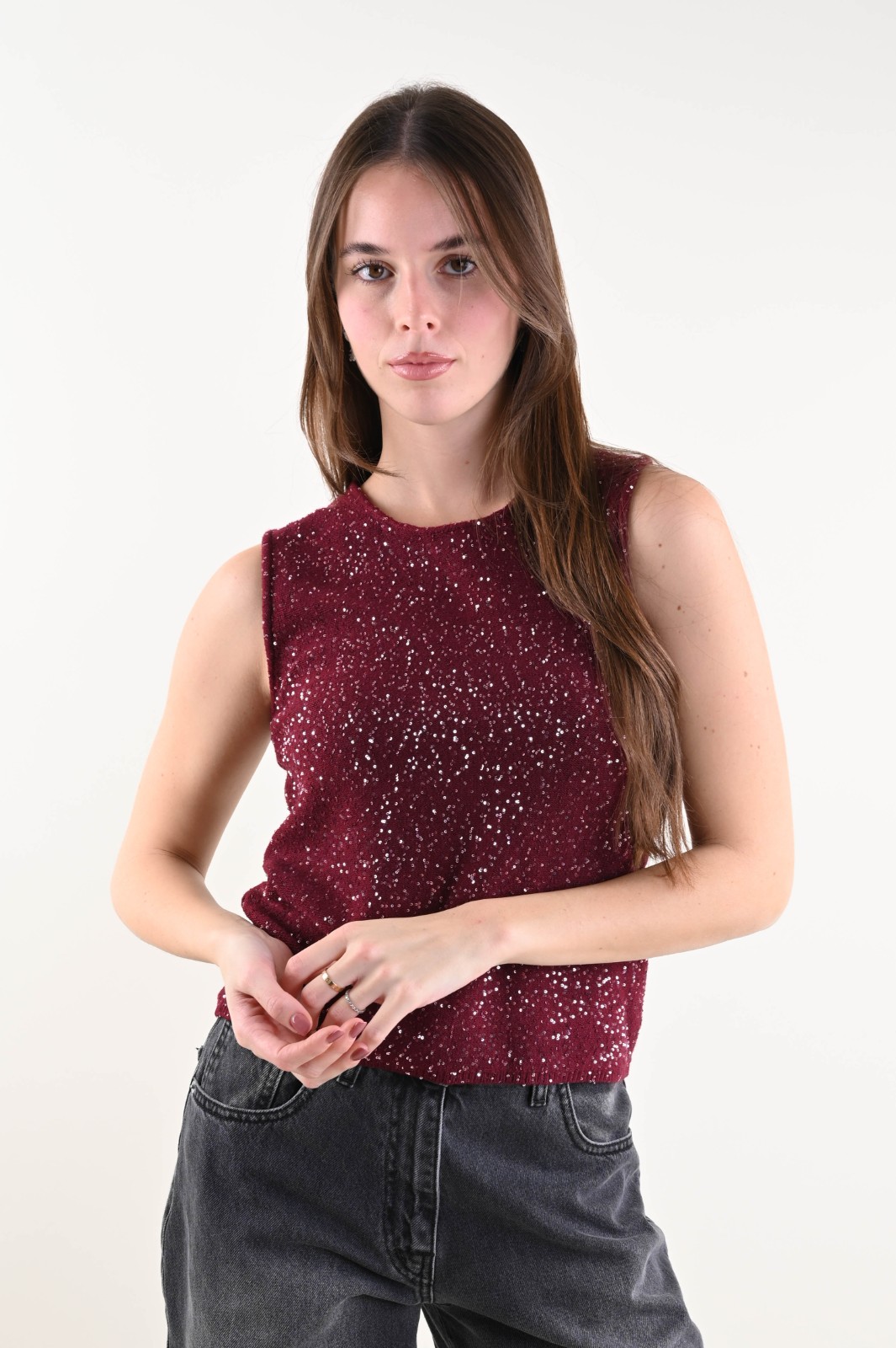 U553-90_BORDEAUX TOP IN MAGLIA CON PAILLETTES - Burdeos, TU