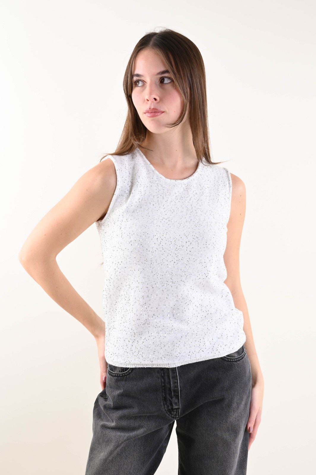 U553-90_PANNA TOP IN MAGLIA CON PAILLETTES - Crema, TU