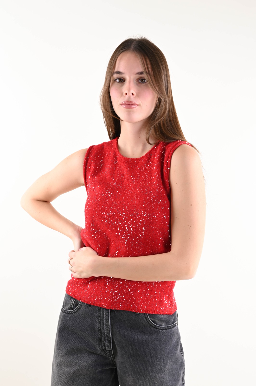 U553-90_ROSSO TOP IN MAGLIA CON PAILLETTES - Rojo, TU