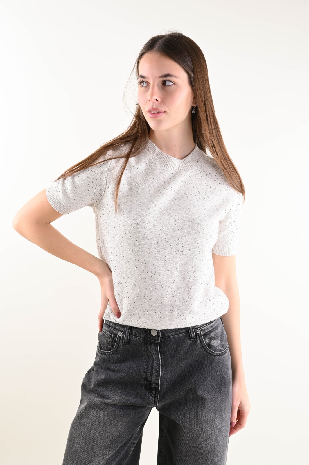 U649-90_BEIGE MAGLIA MANICHE CORTE CON PAILLETTES - Beige, TU