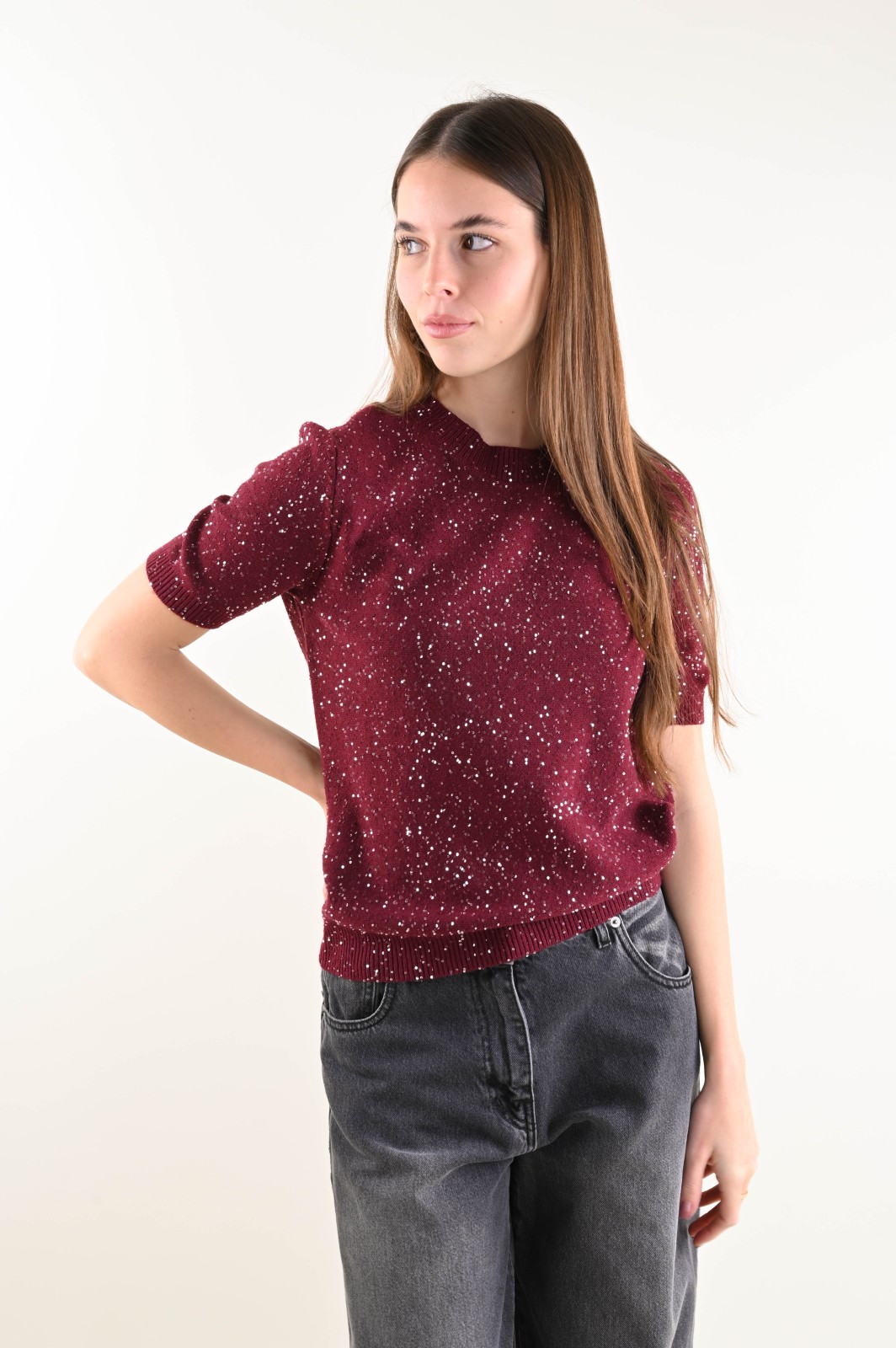 U649-90_BORDEAUX MAGLIA MANICHE CORTE CON PAILLETTES - Burdeos, TU