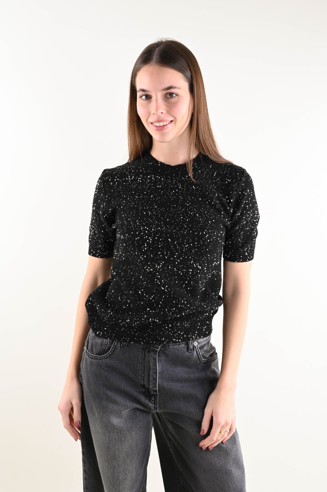 U649-90_NERO MAGLIA MANICHE CORTE CON PAILLETTES - Negro, TU