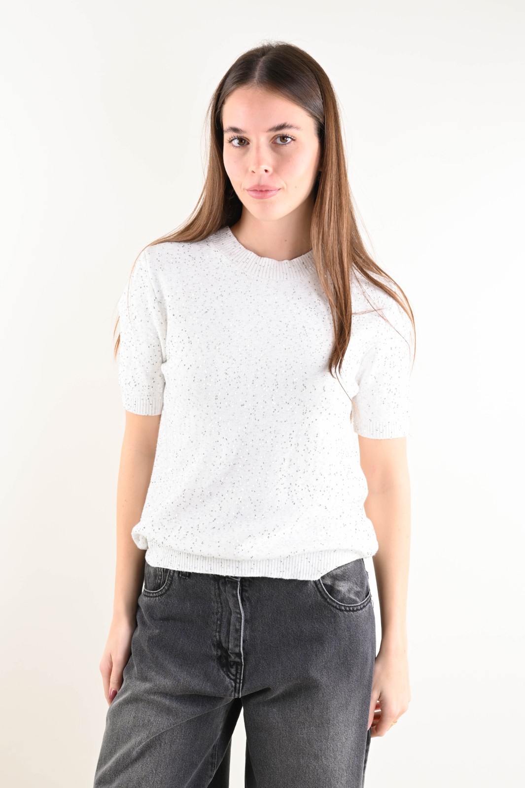 U649-90_PANNA MAGLIA MANICHE CORTE CON PAILLETTES - Crema, TU